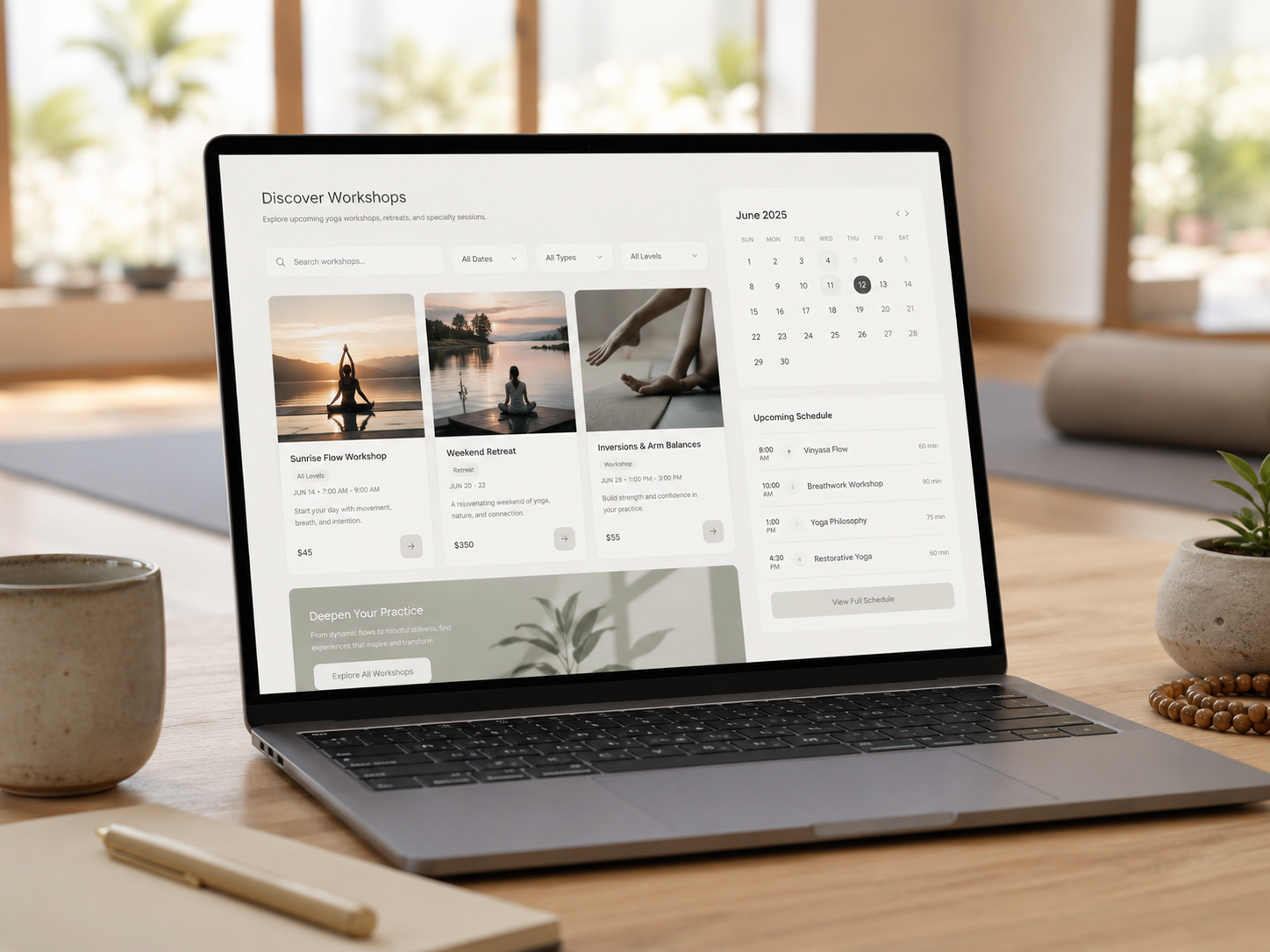 Laptop showing a yoga workshop discovery platform in a calm wellness studio
